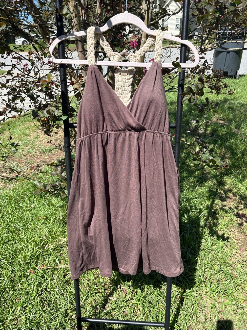 No Boundaries Brown Tank Top with Cream Crochet Racerback